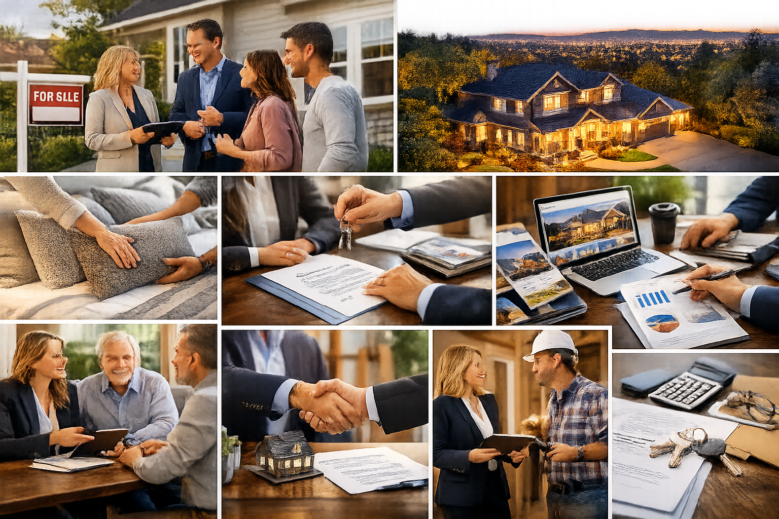 Collage showcasing a successful home sale process: agent meeting with clients, a staged house, marketing materials, signing contracts, handing over keys, and collaboration with professionals. Highlights top listing agents' expertise in pricing, marketing, negotiation, and seamless transactions.