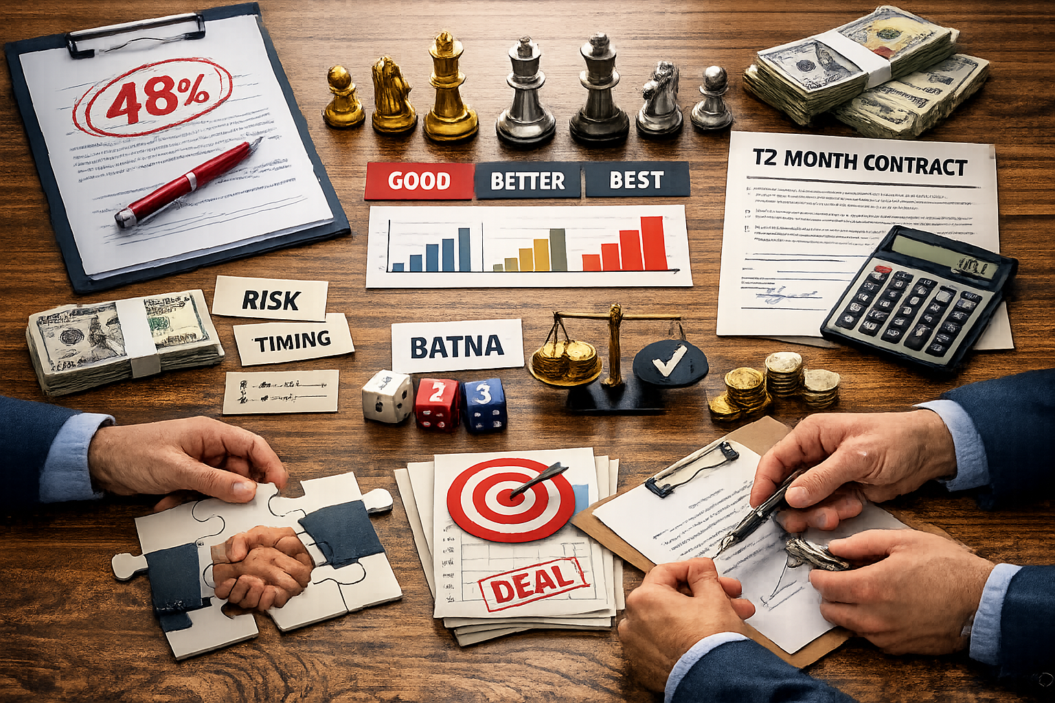 A business negotiation scene with chess pieces, a 48% offer on a clipboard, contract papers, coins, dice, graphs labeled "Good, Better, Best," and terms like "Risk," "Timing," "BATNA." Two hands shake over puzzle pieces symbolizing deal agreement and strategic planning.