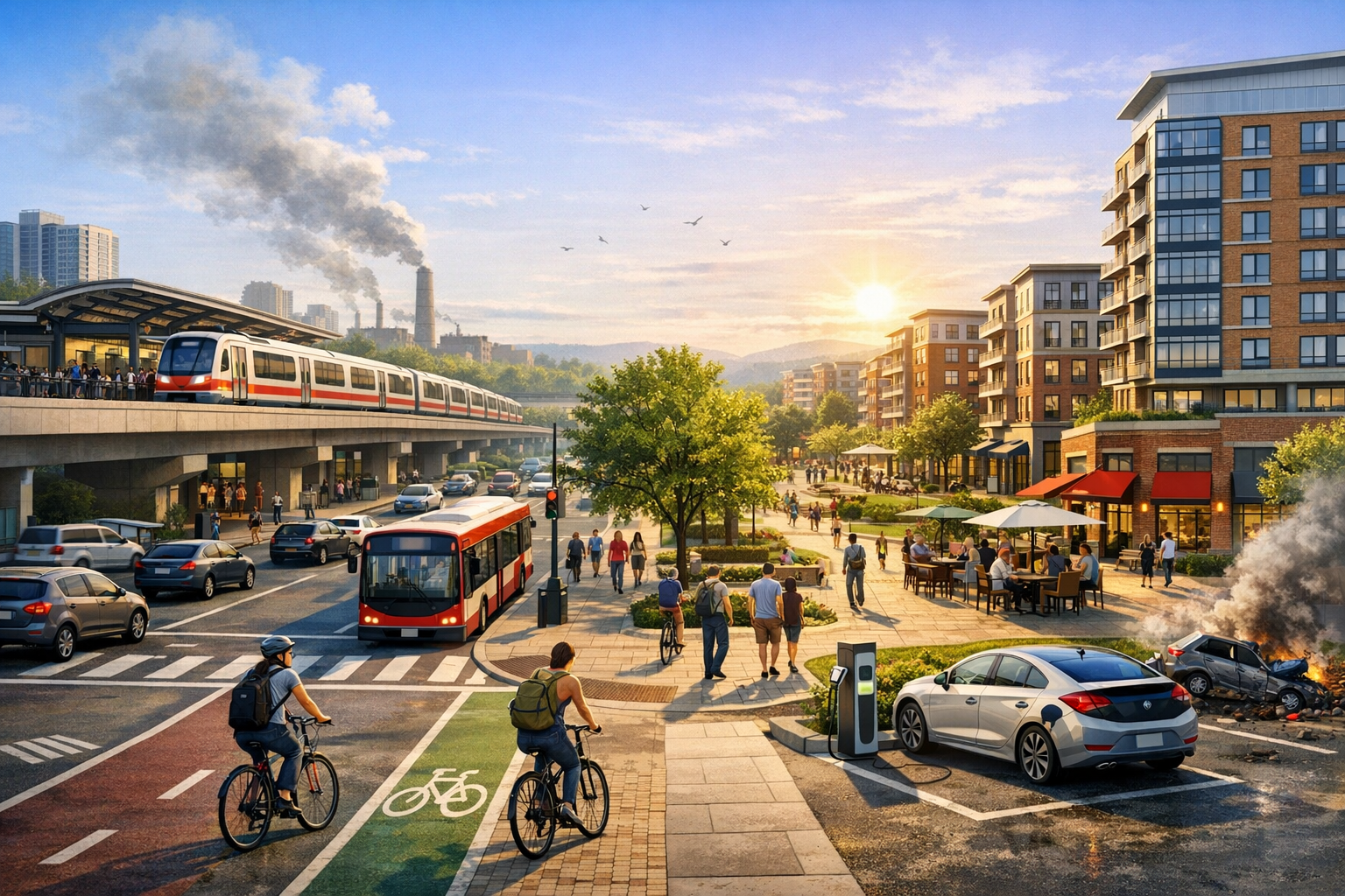 Alt Text: A vibrant urban scene with a train station, buses, cyclists, pedestrians, and outdoor dining. Walkable design, transit, electric vehicles, and green spaces contrast with a car accident, illustrating the impact of mobility choices on accessibility, safety, and property values.