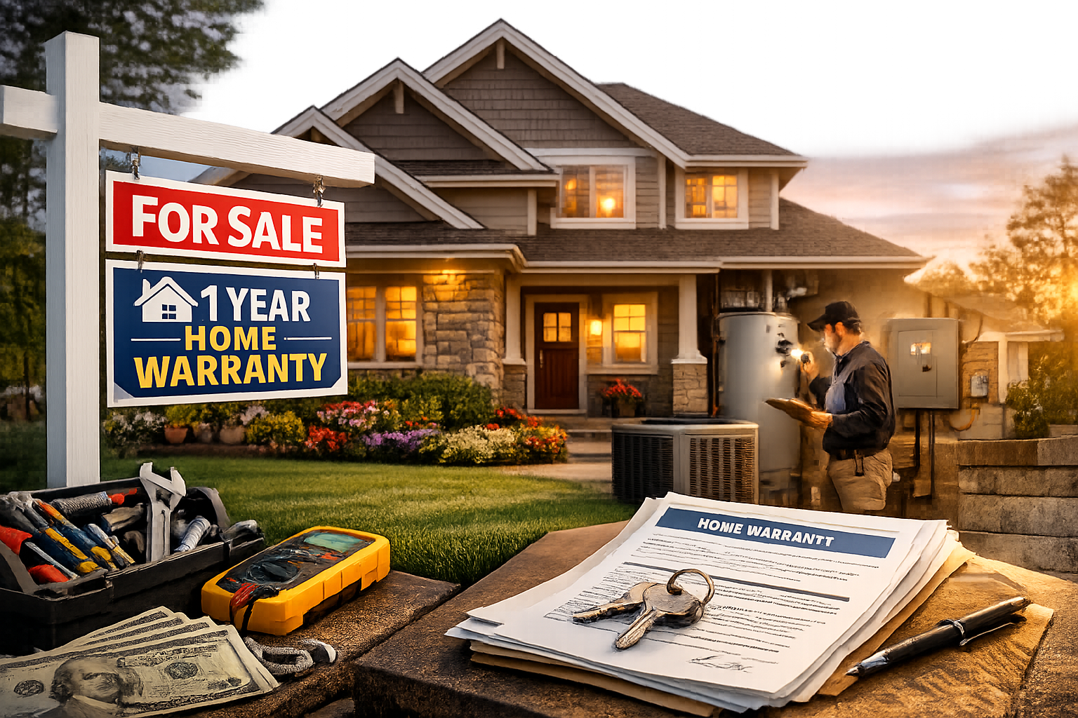 A โFor Saleโ sign with "1-Year Home Warranty" in front of a house. Nearby are tools, paperwork labeled "Home Warranty," and keys. A technician works on a home system, suggesting benefits of offering a warranty to buyers.