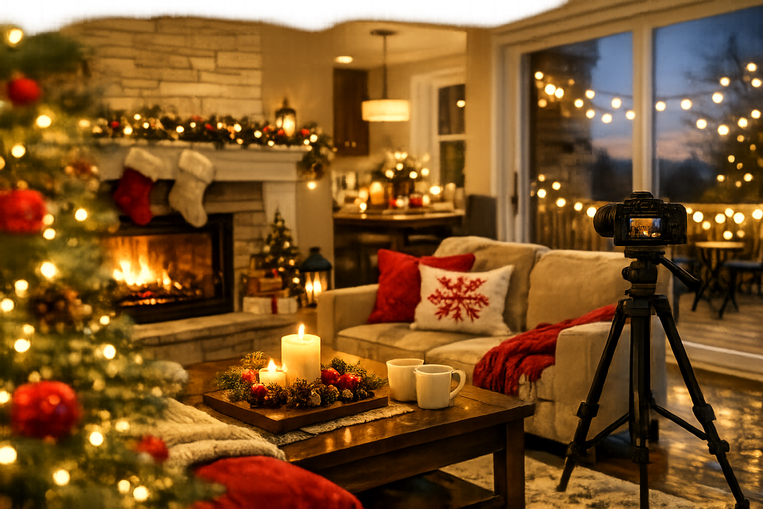 Cozy, seasonally staged holiday living room with warm lighting, a lit fireplace, festive decor, and a professional camera on a tripod capturing the inviting atmosphere.